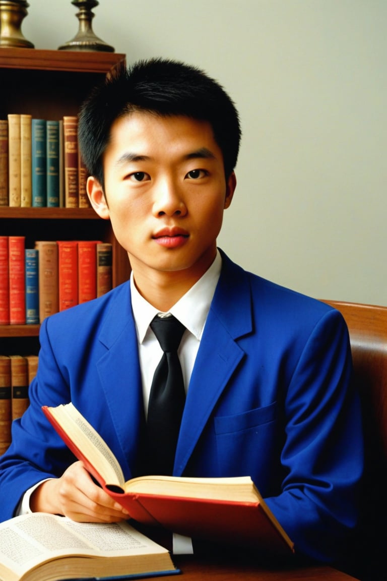 young asian man in blue velvet is sitting on a chair reading a book. 1970s. French. professional photography. ultra-high detail. ultra-high photorealism