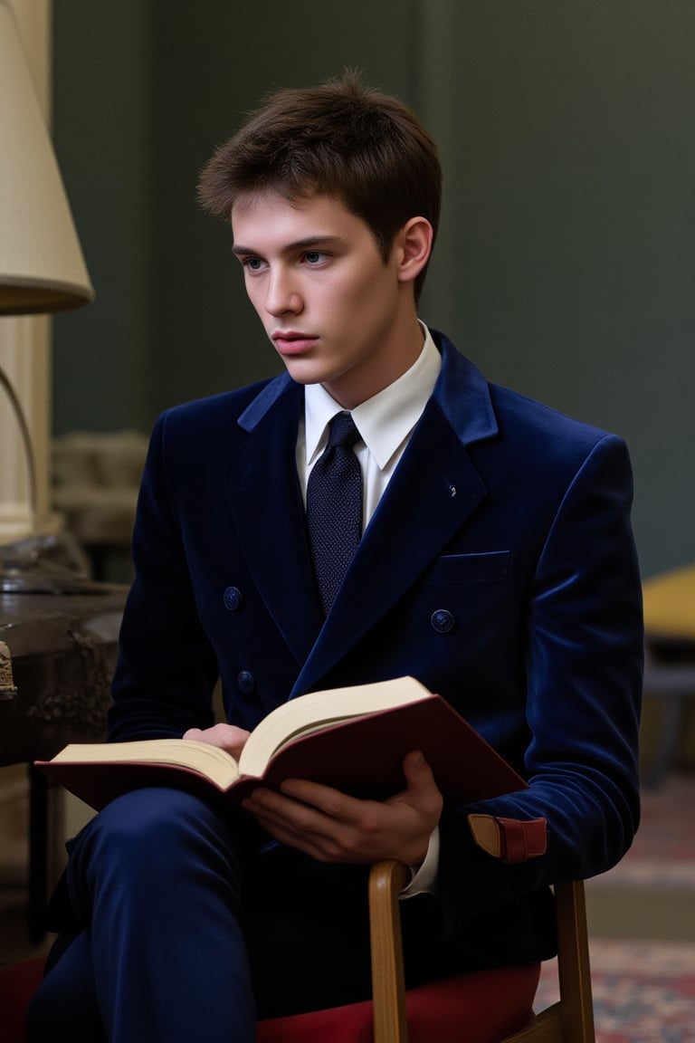 young asian man in blue velvet is sitting on a chair reading a book. 1970s. French. professional photography. ultra-high detail. ultra-high photorealism