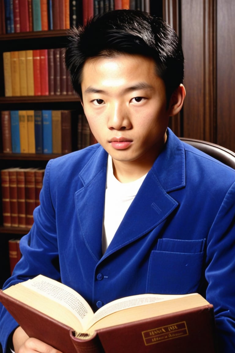 young asian man in blue velvet is sitting on a chair reading a book. 1970s. French. professional photography. ultra-high detail. ultra-high photorealism