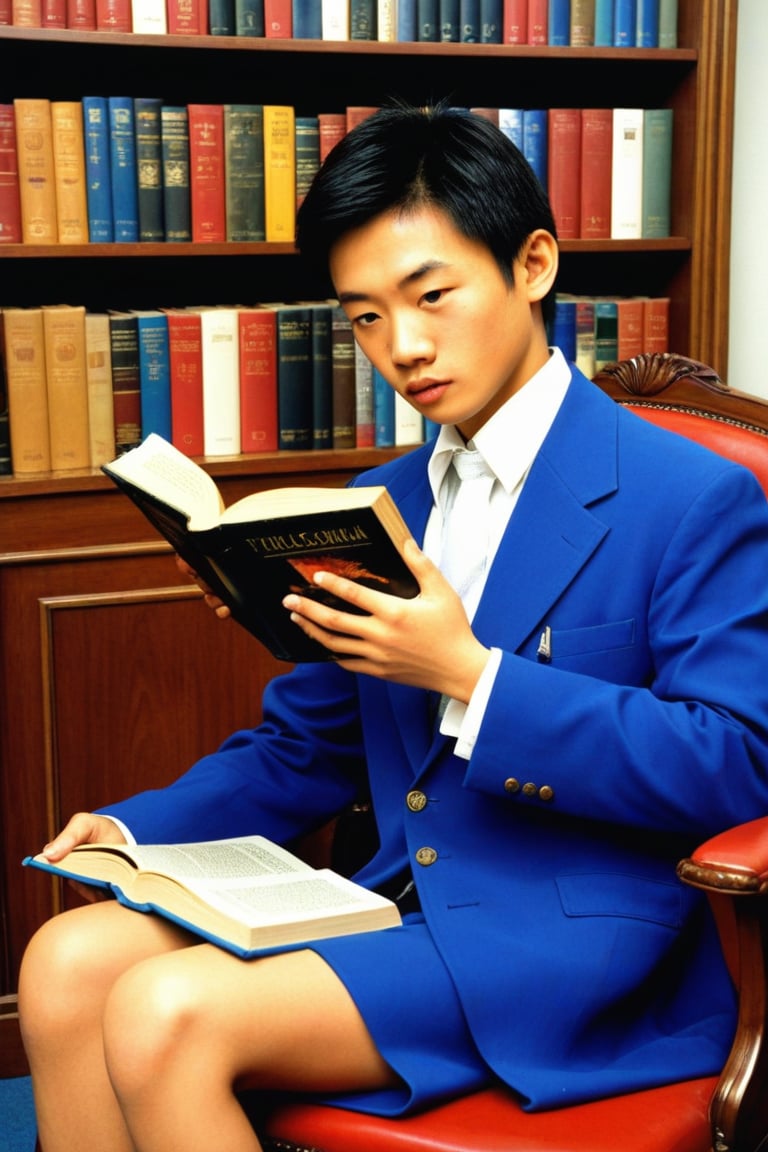 young asian man in blue velvet is sitting on a chair reading a book. 1970s. French. professional photography. ultra-high detail. ultra-high photorealism