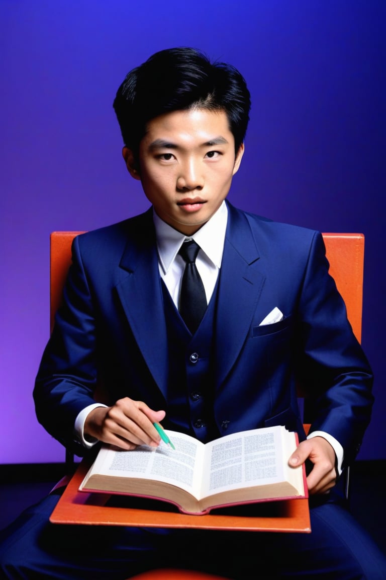 young asian man in blue velvet is sitting on a chair reading a book. 1970s. French. professional photography. ultra-high detail. ultra-high photorealism. neon light glow. disco chic