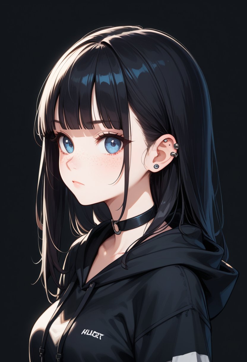 score_9, score_8_up, score_7_up, 1girl, solo, pale skin, black hair, long hair, straight smooth hair, blue eyes, blunt bangs, black hoodie, freckles, choker, long sleeves, slight frown, ear piercings, closed mouth, looking at viewer, from side, dark background, upper body, 8k detail, Expressiveh,
,more detail XL,