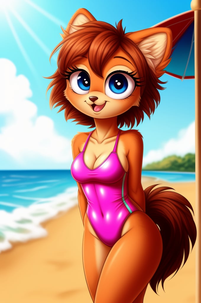 solo (anthro female kiff),
(watermelon swimsuit, breasts, tail, young, body fur, fur tufts, fur fluff, happy, round eyes, big eyes, glistening eyes, big eyelashes, very cute, looking at viewer, standing, outside, beach, hot sunny day)
2d, masterpiece, face closeup,