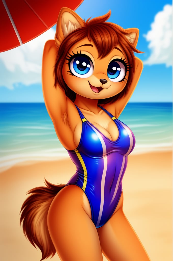 solo (anthro female kiff),
(watermelon swimsuit, breasts, tail, young, body fur, fur tufts, fur fluff, happy, round eyes, big eyes, glistening eyes, big eyelashes, very cute, looking at viewer, standing, outside, beach, hot sunny day)
2d, masterpiece, face closeup,