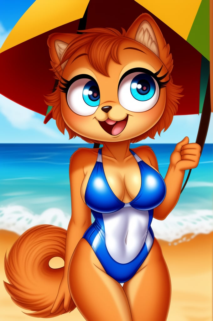 solo (anthro female kiff),
(watermelon swimsuit, breasts, tail, young, body fur, fur tufts, fur fluff, happy, round eyes, big eyes, glistening eyes, big eyelashes, very cute, looking at viewer, standing, outside, beach, hot sunny day)
2d, masterpiece, face closeup,