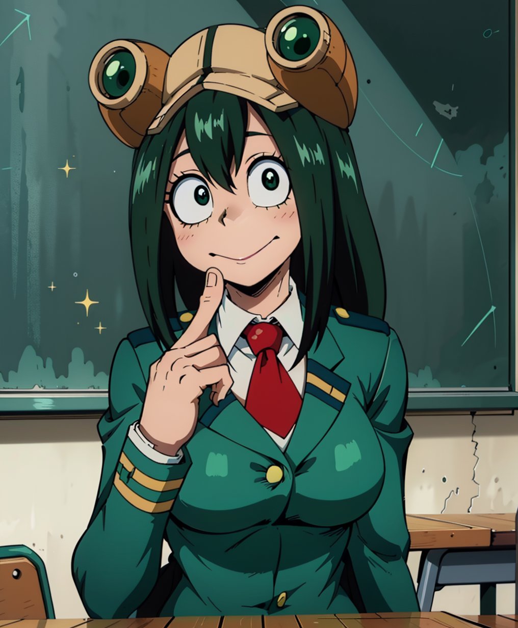 Tsuyu Asui, a stunning heroine from Boku no Hero Academia, poses majestically in the midst of a bustling classroom. Her bright green eyes sparkle with warmth as she smiles brightly, her uniform school attire accentuating her curvaceous figure. A large tongue lolls out of her mouth, adding to her endearing charm. A mini frog perches atop her head, its tiny eyes matching hers in mischief. The frog hat's intricate details and the blackboard's chalkboard scribbles create a visually stunning backdrop. Asui's chest is prominently showcased, inviting admiration. Her beauty shines through every aspect of this masterpiece, radiating warmth and joy.