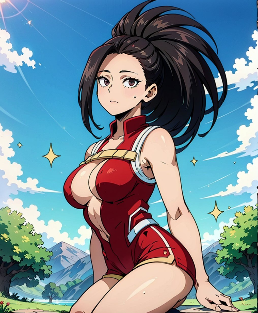 Momo Yaoyorozu stands tall in a sun-kissed field, her black hair flowing gently in the breeze. Her bright brown eyes sparkle as she gazes up at the clear blue sky. Wearing a red blouse and matching blue shorts, she exudes confidence with her arms relaxed by her sides. The gentle lighting accentuates her stunning features, including her prominent bosom. White socks peek out from under her shorts, adding a touch of sweetness to this beautiful girl's masterpiece pose.