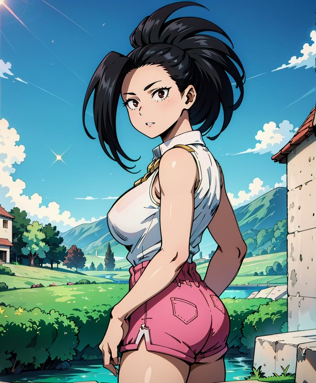 Momo Yaoyorozu, the talented and beautiful heroine from My Hero Academia, stands confidently in a picturesque medium-long shot against a stunning blue sky. Her black hair cascades down her back like a waterfall, framing her striking features. Brown eyes sparkle with determination as she dons a bright pink blouse and matching shorts. White socks add a pop of contrast to her outfit, while her impressive big boobs are proudly displayed. The lush green field behind her serves as a serene backdrop, highlighting her beauty against the idyllic scenery.