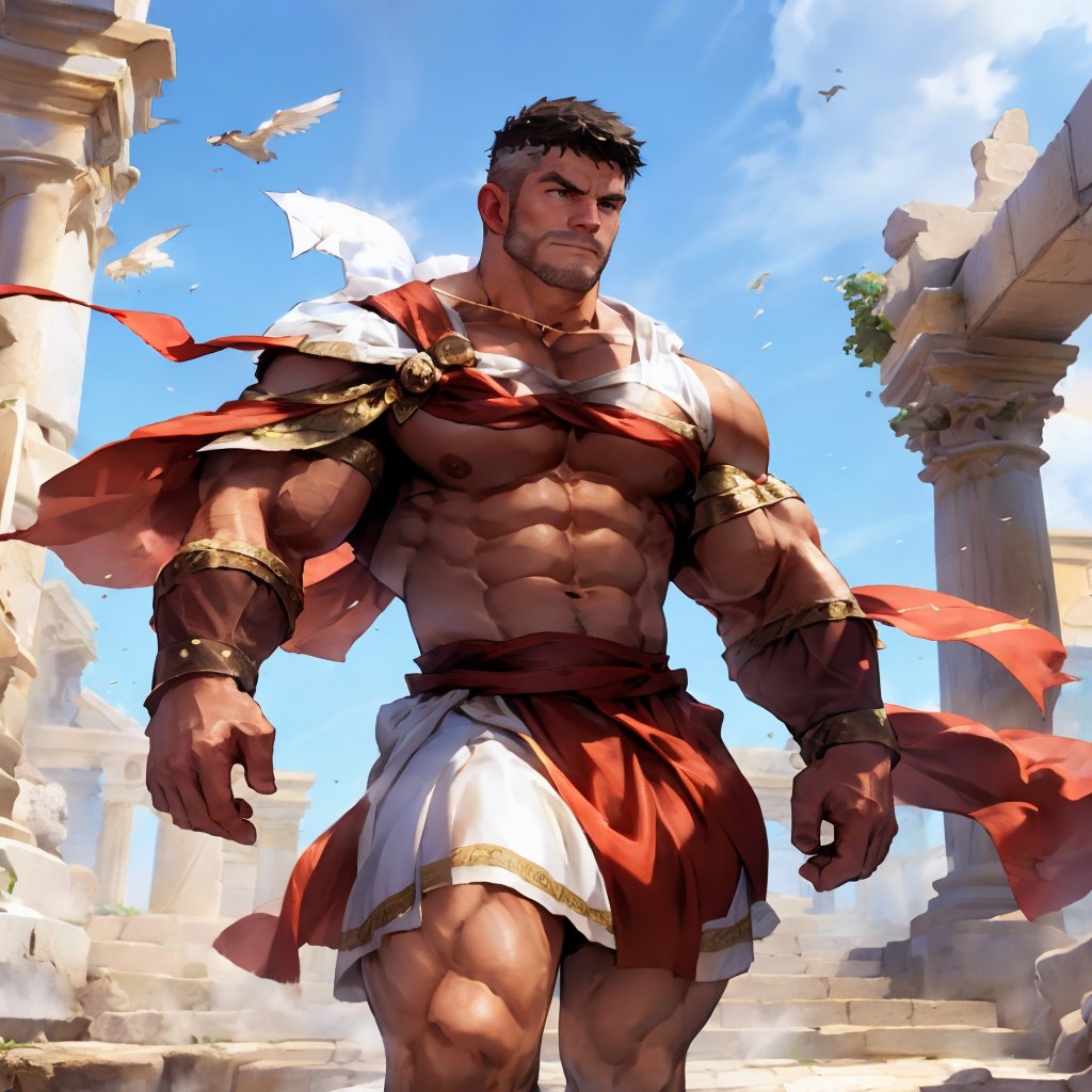 a muscular man, beard, Roman toga, tough, (full body shot), walking on the ancient greece , HD resolution, highly detailed, realistic, dynamic action.