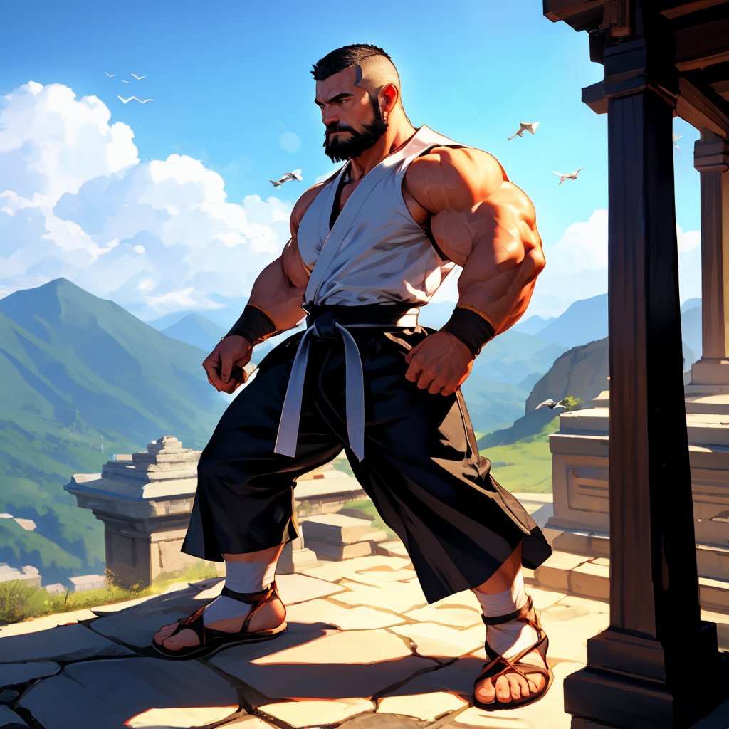 a muscular man, buzz cut, monk, beard, martial arts clothing, tough, (full body shot), standing on the temple, top of the mountain , HD resolution, highly detailed, realistic, dynamic action.