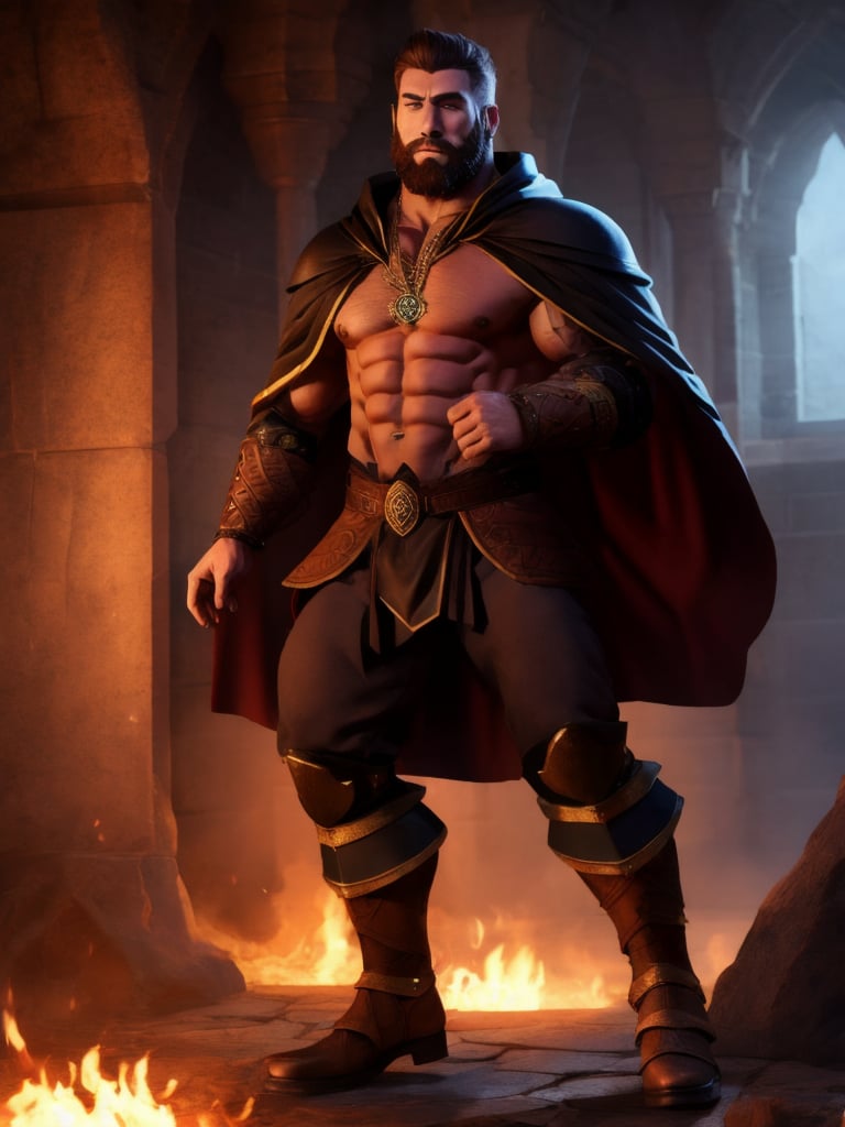 a muscular man, black large cloak, brown short hair, beard, male focus, leather armor, jewelry pendant, (full body shot), stone chamber, 4k definition, HD resolution, highly detailed, realistic, dynamic action, handsome face beard.,Perfect abs,vox machina style