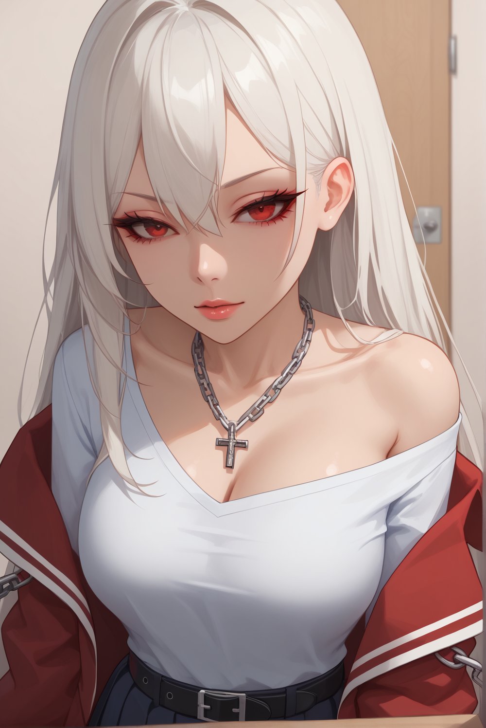 1girl, looking at viewers, solo, source anime, (symmetrical eyes), (amazing quality), white hair, best aesthetic, red eyes, BREAK, focus on face,  belts, chains, necklace, (fur-trimmed jacket), (off shoulder), half-closed eyes, masterpiece, high contrast, absurdres, 8k, (school_uniform), very long hair, class_room, skirt school, school uniform, selfie, red uniform, 

