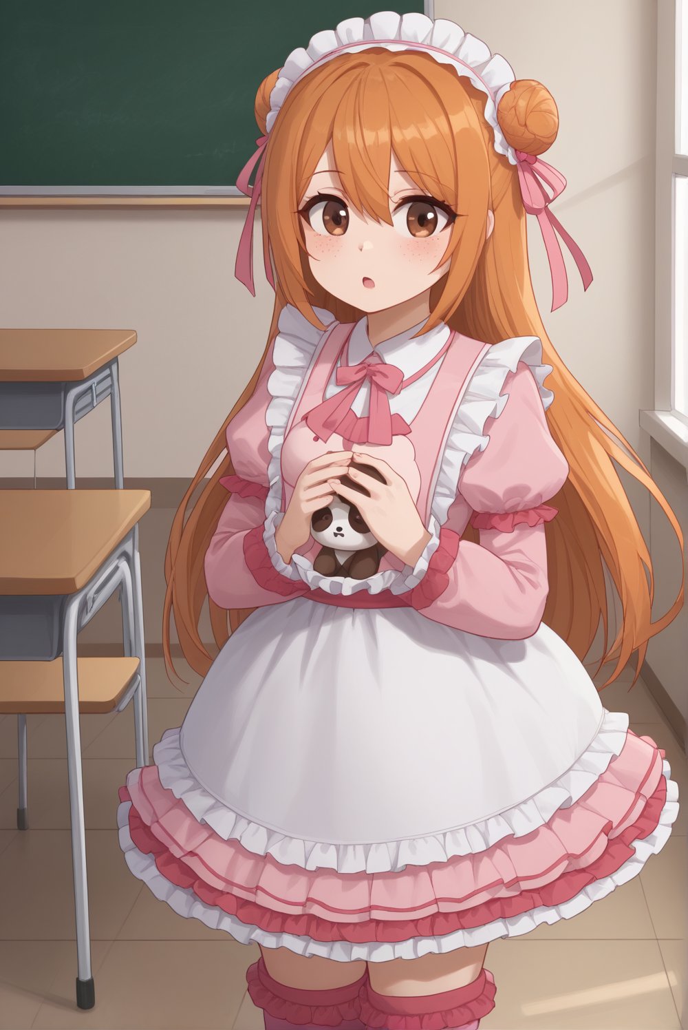 1girl, solo, source anime, symmetrical eyes, amazing quality, best aesthetic, Memory T Cell, loli, BREAK, freckles, orange hair with brown highlights, dark brown eyes,  long hair, hair between eyes, hair ornament, lolita dress pink, Charlotte zenfis, BREAK, stuffed animal, lolita dress,  leg warmers, pink boots, classroom, panda dress, panda, 