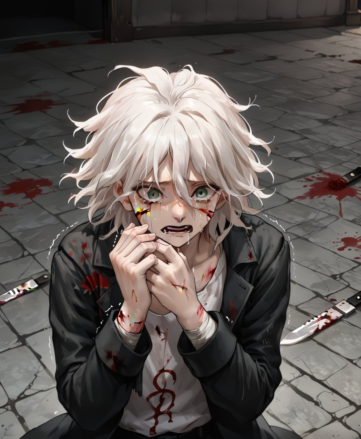 score_9, nagito_komaeda,white hair, green eyes, medium hair, male, solo, crying, tears,
cuts on wrists, scars, blood, wounds, holding a knife in hands, trembling, scared, suicidal, knives on the background