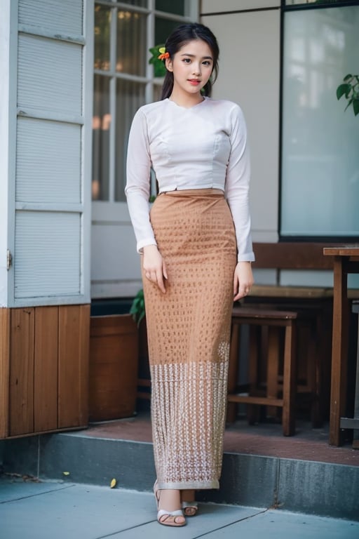 20 years old girl,{{best quality}}, {{masterpiece}}, {{ultra-detailed}}, {illustration}, {detailed light}, {an extremely delicate and beautiful}, messy floating hair, pink dress, standing facing front postion,  feminine , depth of field,acmm ss outfit,Myanmar.view from front, perfect buttock.full body.,perfect,masterpiece,Myanmar, look at the camera. full body, out door.