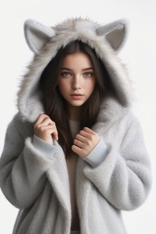 dark hair,  gray eyes,  freckles,  1girl, 20 years old,  white background,  fuzzy jacket,  open coat,  animal hood,
 ,Lisa