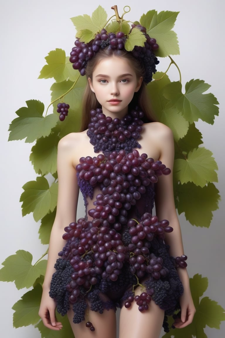 A 20-year-old girl adorned in a creative and whimsical outfit made entirely of grapes. The full-body portrait features her standing confidently against a clean, white background, allowing the intricate details of the grape attire to stand out. Her youthful energy and playful expression bring a lively and imaginative touch to the scene.,Lisa