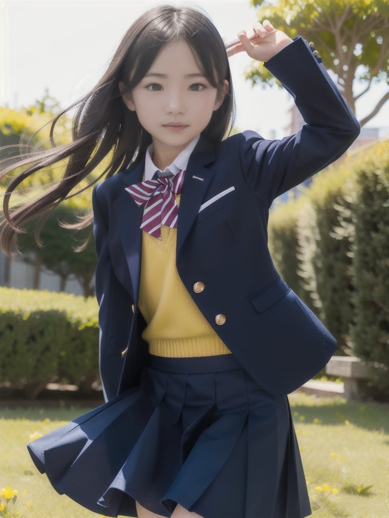 (Masterpiece, Best Quality:1.4), Award-Winning Portrait, 8k, 85mm, Alone, Beautiful Face, Delicate Girl, , (Dark Navy Blazer Jacket), Dark Navy Skirt, Long Sleeves, Viola Lace, Gardenia, grace, sophisticated, cute, teen, looking at the viewer, 15 years old, RAW photo, confused, high resolution, sharp focus, bow tie, backg round bokeh,(((flat , slender and delicate body, child -like atmosphere))), her shiny medium-long hair is tied, hair swaying in the wind, a mole on her left cheek, large, round, dark brown eyes, whole body, random poses, running, sprinting, Skirt fluttering in the wind, junior idol, Nogizaka Idol, wide skirt, jump, mole under the eye, sexy,school uniform,skirt_lift