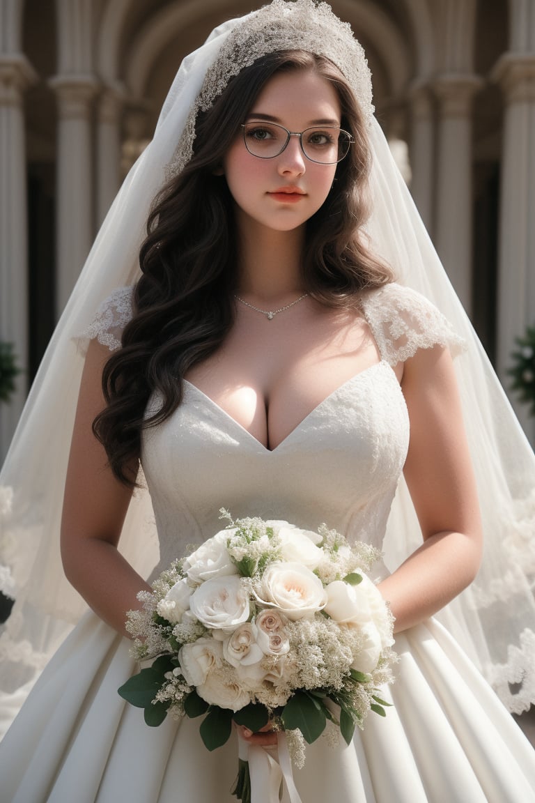 18 year old girl, in her first year of university, plump, tall, brunette, huge breasts, big nipples, big hips, long wavy hair, black hair, round glasses. dressed in beautiful wedding dress, white veil, bouquet of flowers,wedding dress,weddingdress