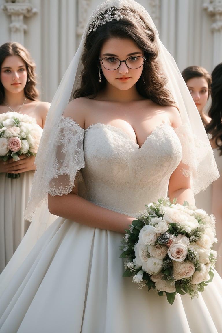 18 year old girl, in her first year of university, plump, tall, brunette, huge breasts, big nipples, big hips, long wavy hair, black hair, round glasses. dressed in beautiful wedding dress, white veil, bouquet of flowers,wedding dress,weddingdress