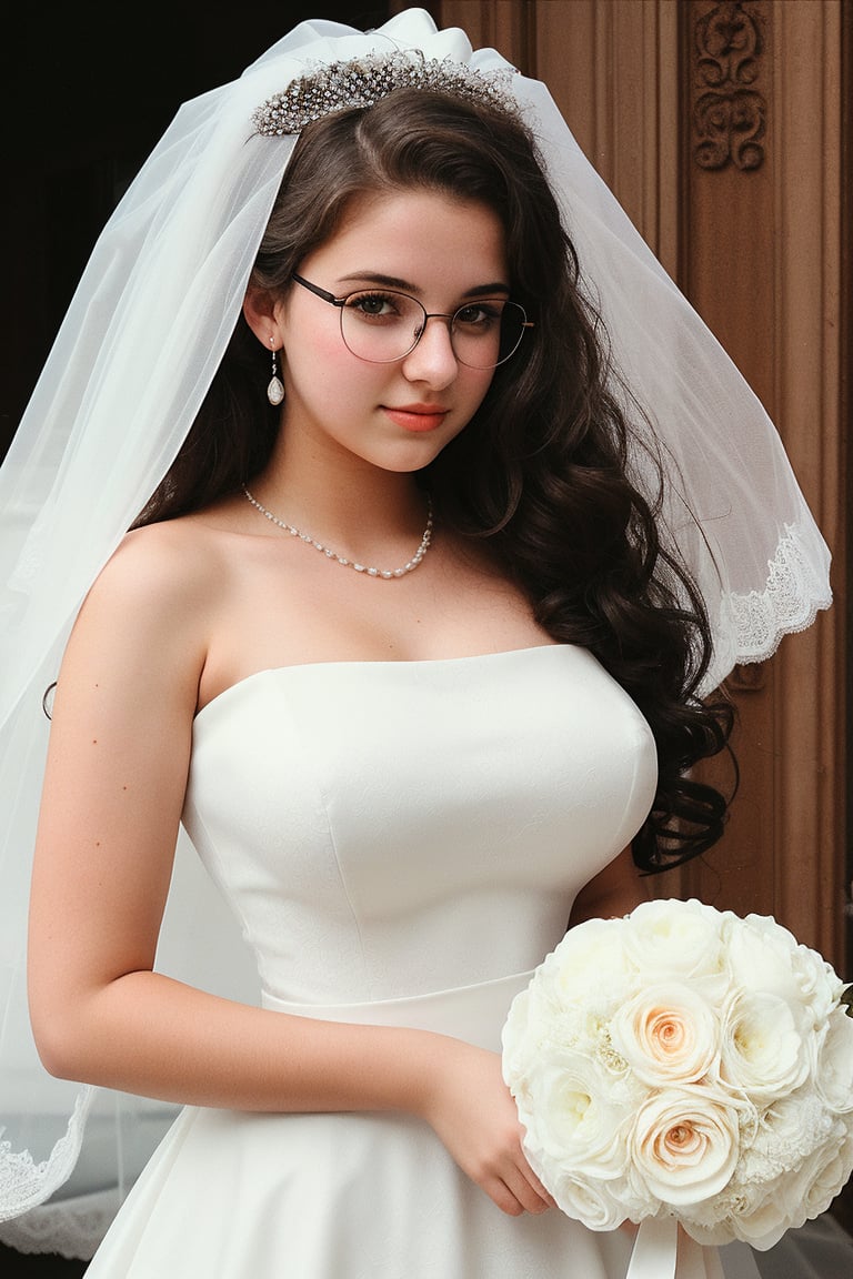 18 year old girl, in her first year of university, plump, tall, brunette, huge breasts, big nipples, big hips, long wavy hair, black hair, round glasses. dressed in beautiful wedding dress, white veil, bouquet of flowers,wedding dress