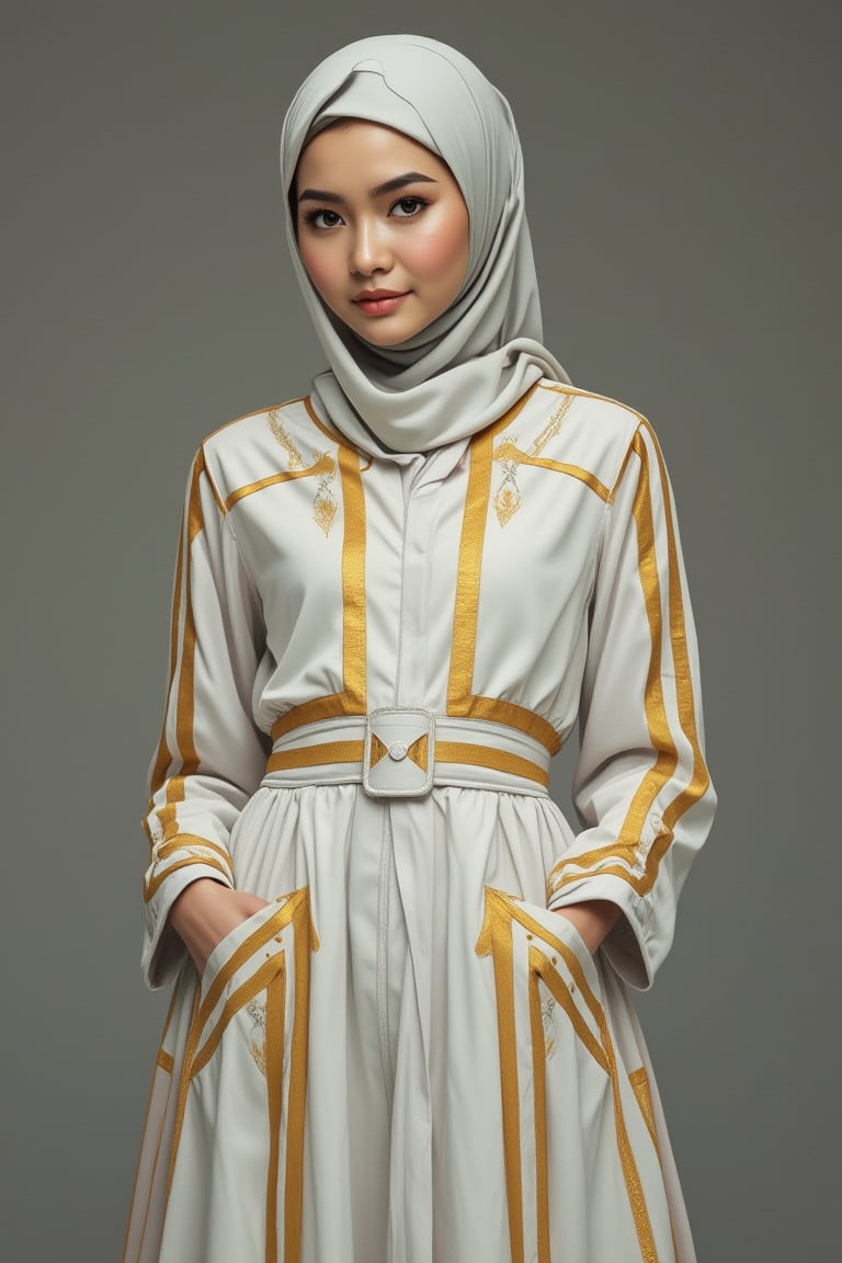 A girl wear emperor mecha suits, white color, gold stripes, wear hijab,TICERLORA,hanemperor23