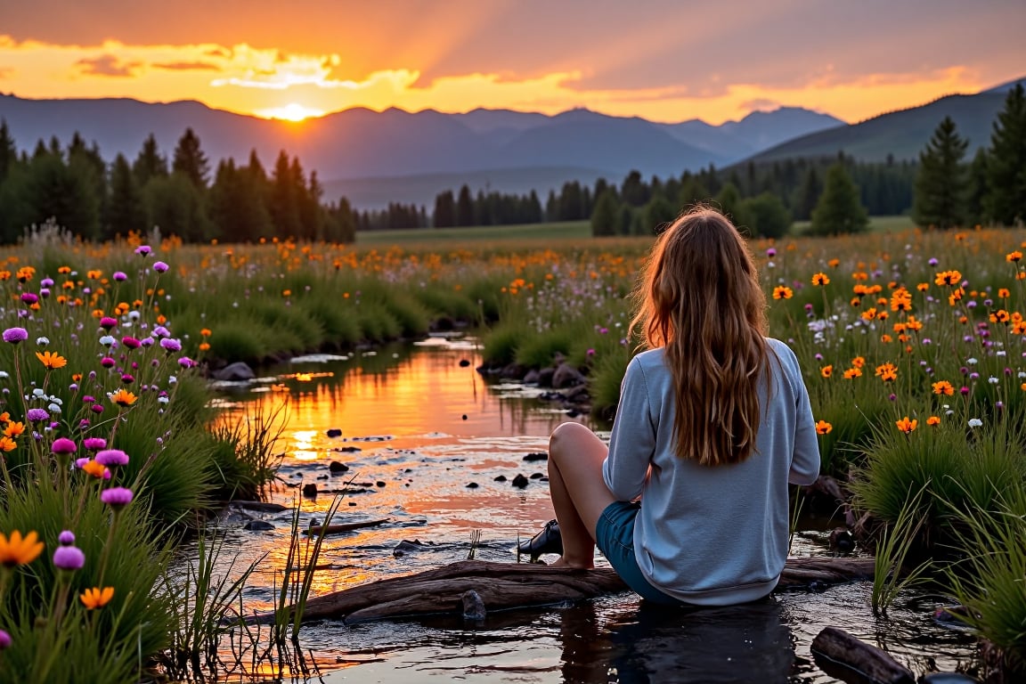 nature photography of a small stream in rural montana, with gorgeous mountain ranges as the backdrop, reflecting on the clear gentle waters. many colors of wildflowers grow along the banks, and the setting sun creates a vibrant orange sky. A young woman sits on a wooden log looking out at the scenery.