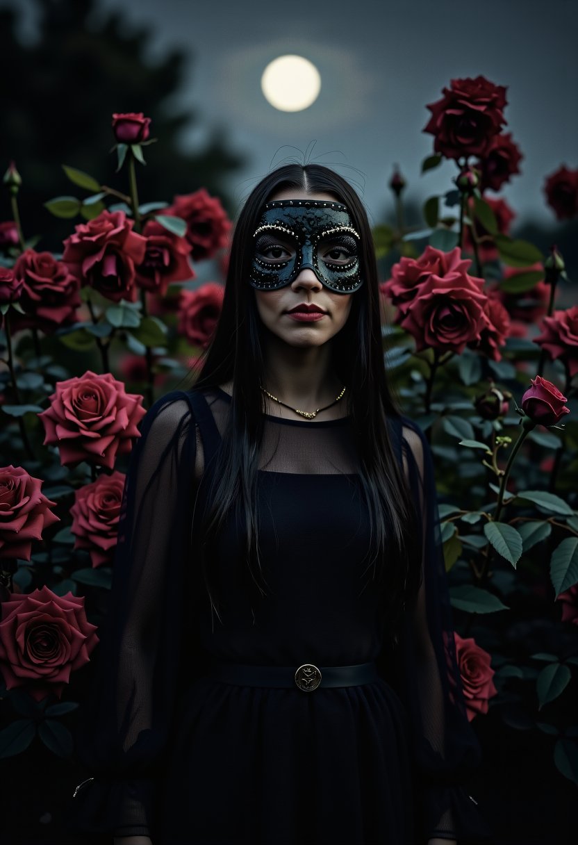 A Halloween theme photo,inside a dark  Rose flower garden background, a lady with a mysterious mask wearing a dark dress, moonlight,hd image,ANYAJT