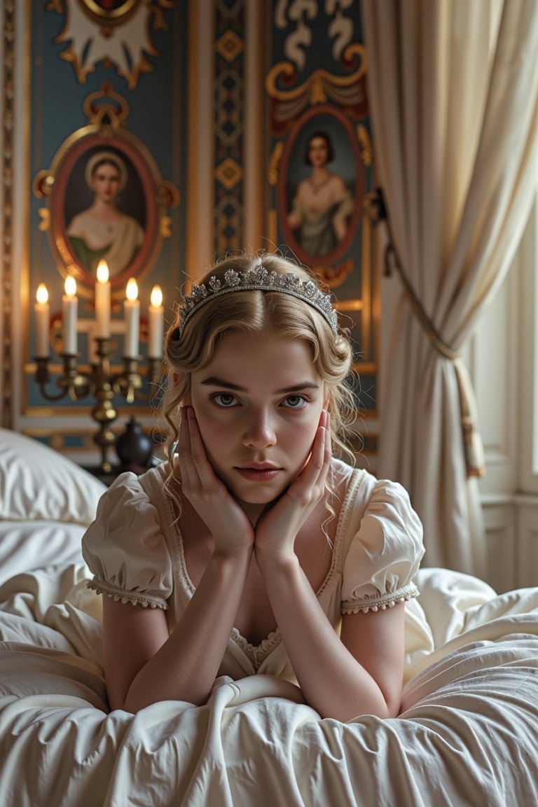 A beautiful girllaying on her front on a soft bed in a bedroom in ancient rome, with the room lit with many candles. She is wearing a silver tiara, and a delicate gown made from simple white cloth. The room is decorated with painted fresco walls, and soft sheer curtains cascading down from the ceiling.,3mr4