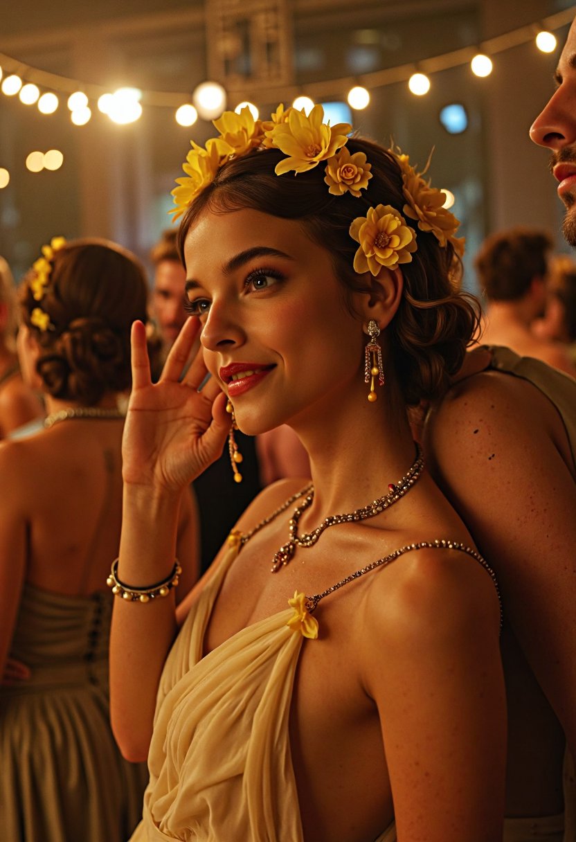 In the midst of a crownded regency-era dancefloor, stands a beautiful girl, making eye contact, looking to the viewer with a friendly warm smile, playing with her hair and her necklace, shy and flirty. She is wearing an elegant cream dress and her hair has yellow flowers all throughout her hairstyle. The scene focuses on the girl, with the rest of the crown a blur. cinematic, alluring, and elegant. The scene is romantically lit with warm hues, Midjourney_Whisper,