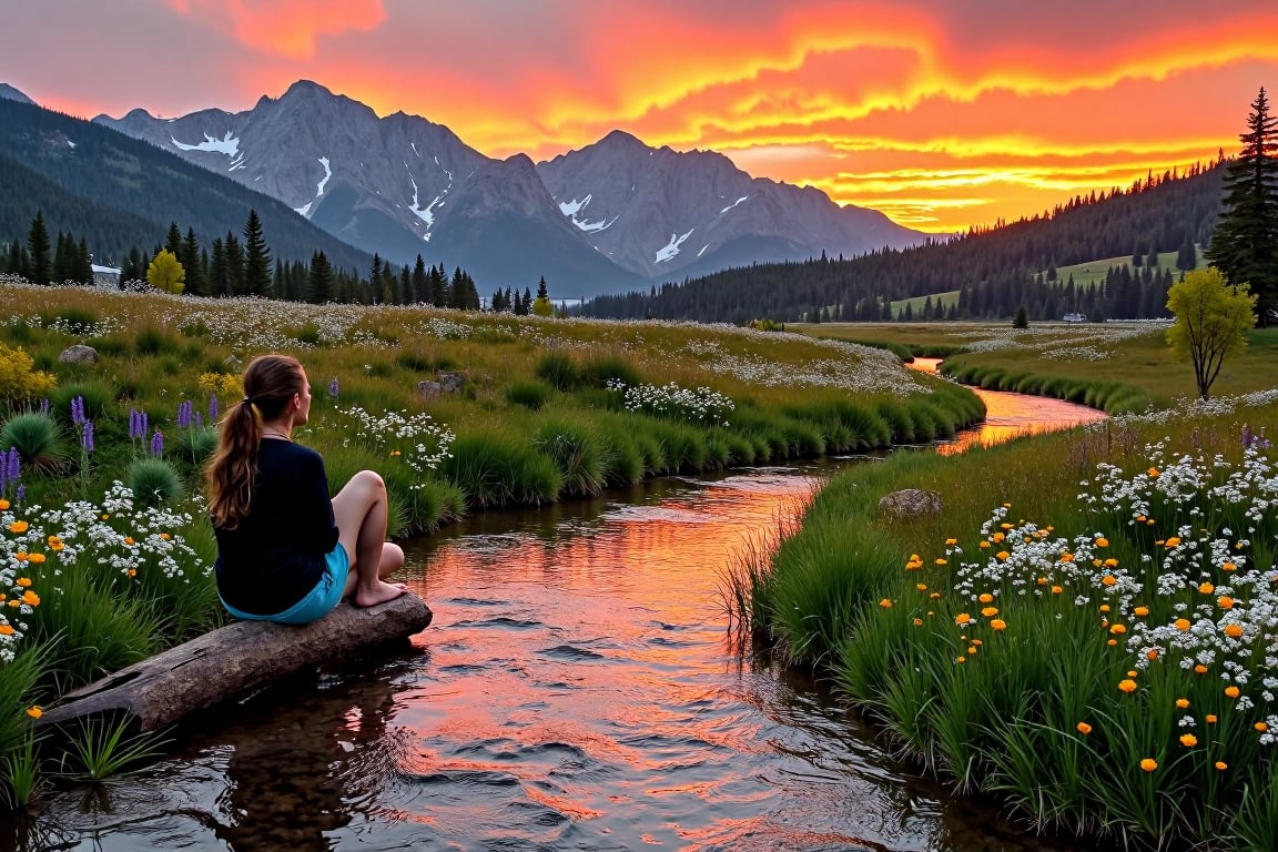 nature photography of a small stream in rural montana, with gorgeous mountain ranges as the backdrop, reflecting on the clear gentle waters. many colors of wildflowers grow along the banks, and the setting sun creates a vibrant orange sky. A young woman sits on a wooden log looking out at the scenery.