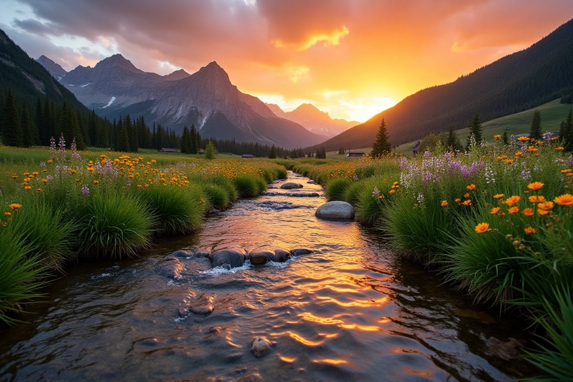 nature photography of a small stream in rural montana, with gorgeous mountain ranges as the backdrop, reflecting on the clear gentle waters. many colors of wildflowers grow along the banks, and the setting sun creates a vibrant orange sky.