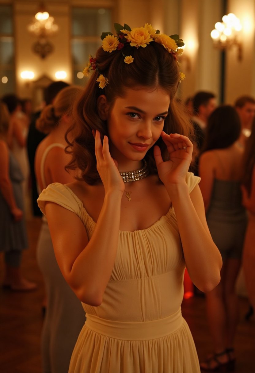 In the midst of a crownded regency-era dancefloor, stands a beautiful girl, making eye contact, looking to the viewer with a friendly warm smile, playing with her hair and her necklace, shy and flirty. She is wearing an elegant cream dress and her hair has yellow flowers all throughout her hairstyle. The scene focuses on the girl, with the rest of the crown a blur. cinematic, alluring, and elegant. The scene is romantically lit with warm hues, Midjourney_Whisper,