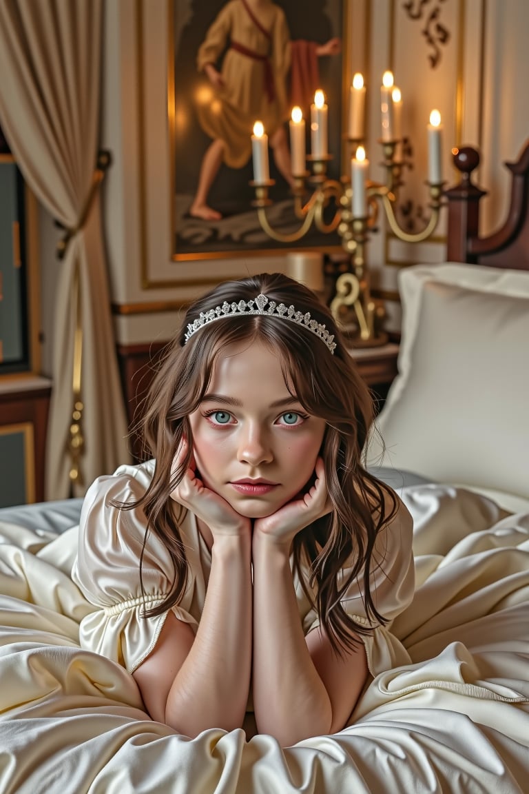 A beautiful girl laying on her front on a soft bed in a bedroom in ancient rome, with the room lit with many candles. She is wearing a silver tiara, and a delicate gown made from simple white cloth. The room is decorated with painted fresco walls, and soft sheer curtains cascading down from the ceiling. 