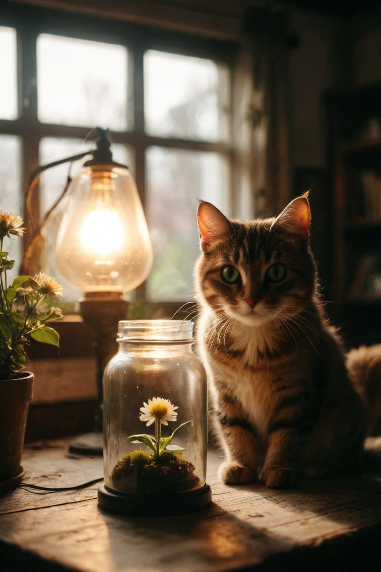 looking at viewer, green eyes, flower, indoors, blurry, no humans, animal, cat, realistic, lamp, animal focus, vase, whiskers