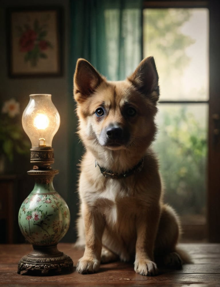 looking at viewer, green eyes, flower in vase backdrop , indoors, hmong dog, realistic, lamp, animal focus, lifelike image, extremely realistic 