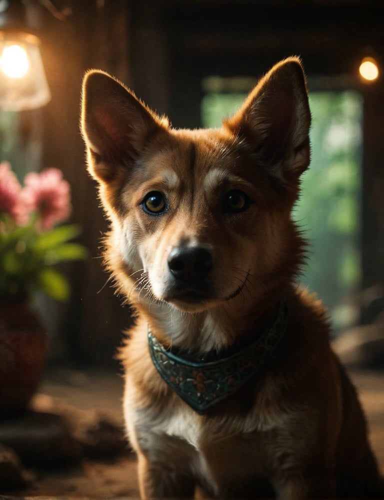 looking at viewer, green eyes, flower in vase backdrop , indoors, hmong dog, realistic, lamp, animal focus, lifelike image, extremely realistic ,hyper realistic picture ,  chapped lips, textured skin, realistic features, skin pores, imperfect skin, mimic a 85mm lens Sony Lens, f3. 6, bokeh, sharp focus, professional photography, warm lighting, soft lights, realistic dark blue eyes, Vietnam hmong dog