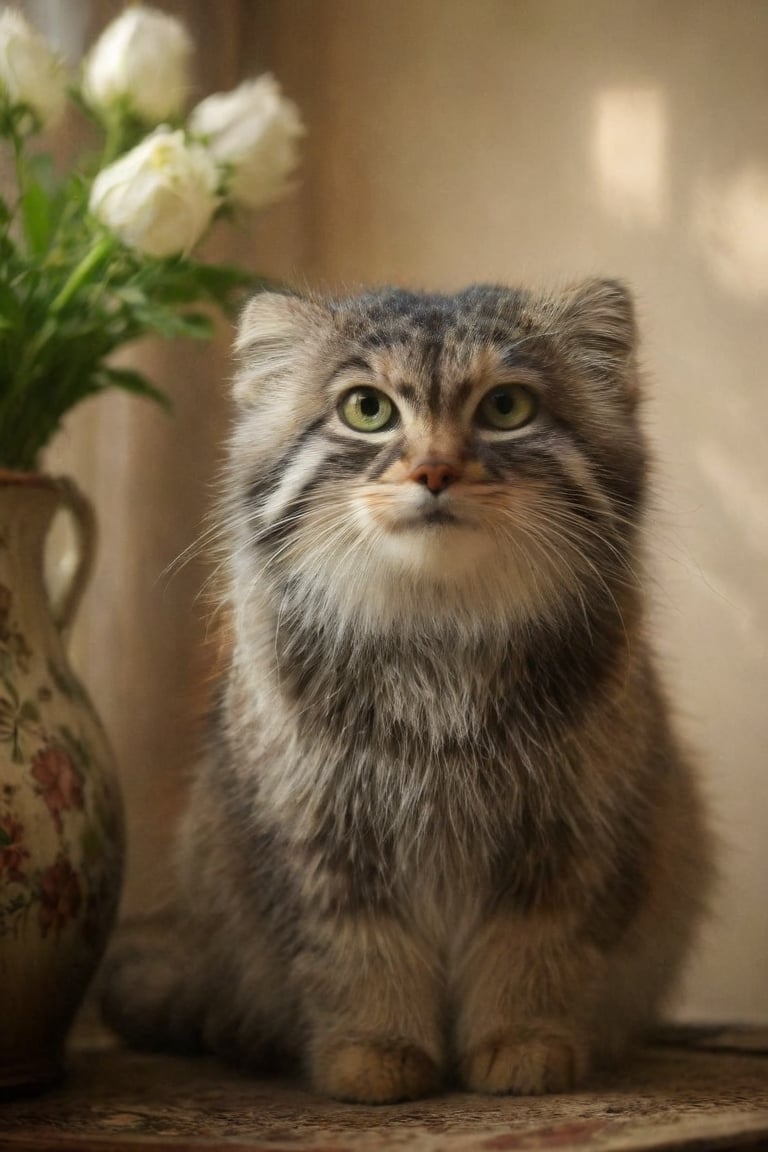 looking at viewer, green eyes, flower in the backdrop , indoors, blurry, no humans, animal, siberian cat, realistic, lamp, animal focus, vase, whiskers, 