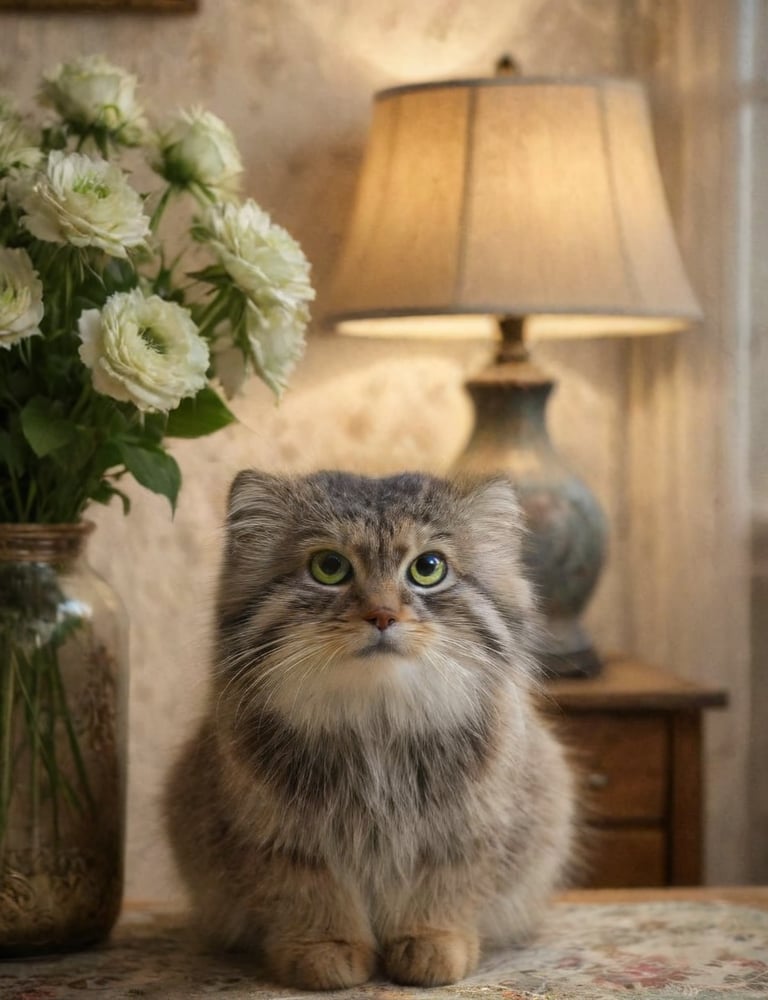 looking at viewer, green eyes, flower in vase backdrop , indoors, siberian cat, realistic, lamp, animal focus, lifelike image, extremely realistic 