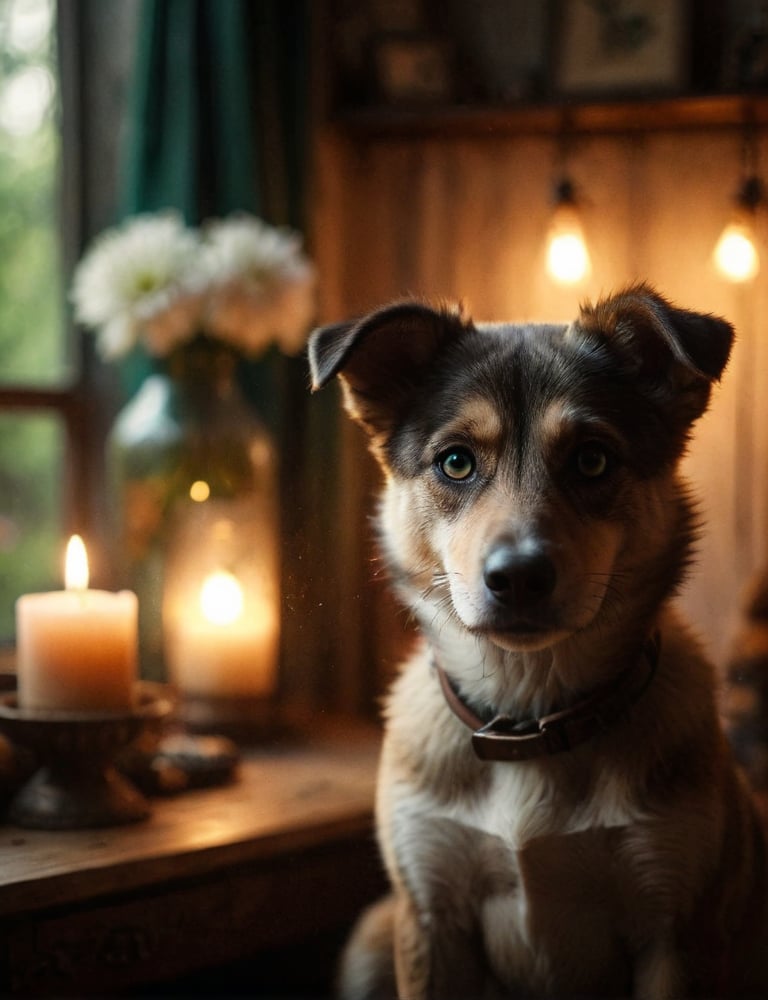 looking at viewer, green eyes, flower in vase backdrop , indoors, hmong dog, realistic, lamp, animal focus, lifelike image, extremely realistic ,hyper realistic picture ,  chapped lips, textured skin, realistic features, skin pores, imperfect skin, mimic a 85mm lens Sony Lens, f3. 6, bokeh, sharp focus, professional photography, warm lighting, soft lights, realistic dark blue eyes,