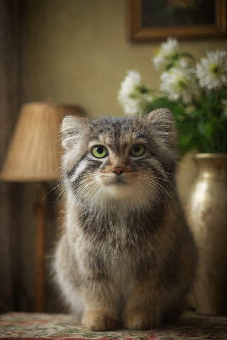 looking at viewer, green eyes, flower in the backdrop , indoors, blurry, no humans, animal, siberian cat, realistic, lamp, animal focus, vase, whiskers, pallas‘s cat