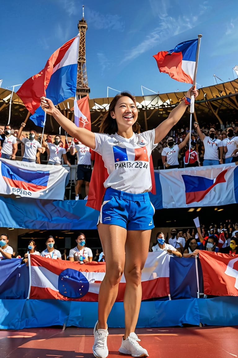 A triumphant asian athlete stands out amidst a sea of athletes in the Olympic stadium's packed seating area, her radiant smile beaming confidence as she holds the flag aloft. Wearing a white t-shirt and blue and red sport shorts, she shines against the vibrant atmosphere. The "PARIS 2024" text and Philippine flag emblem on her shirt add a pop of color. Her dynamic pose exudes energy, with the iconic Paris Eiffel Tower rising majestically in the background, bathed in warm sunlight.,Sopra