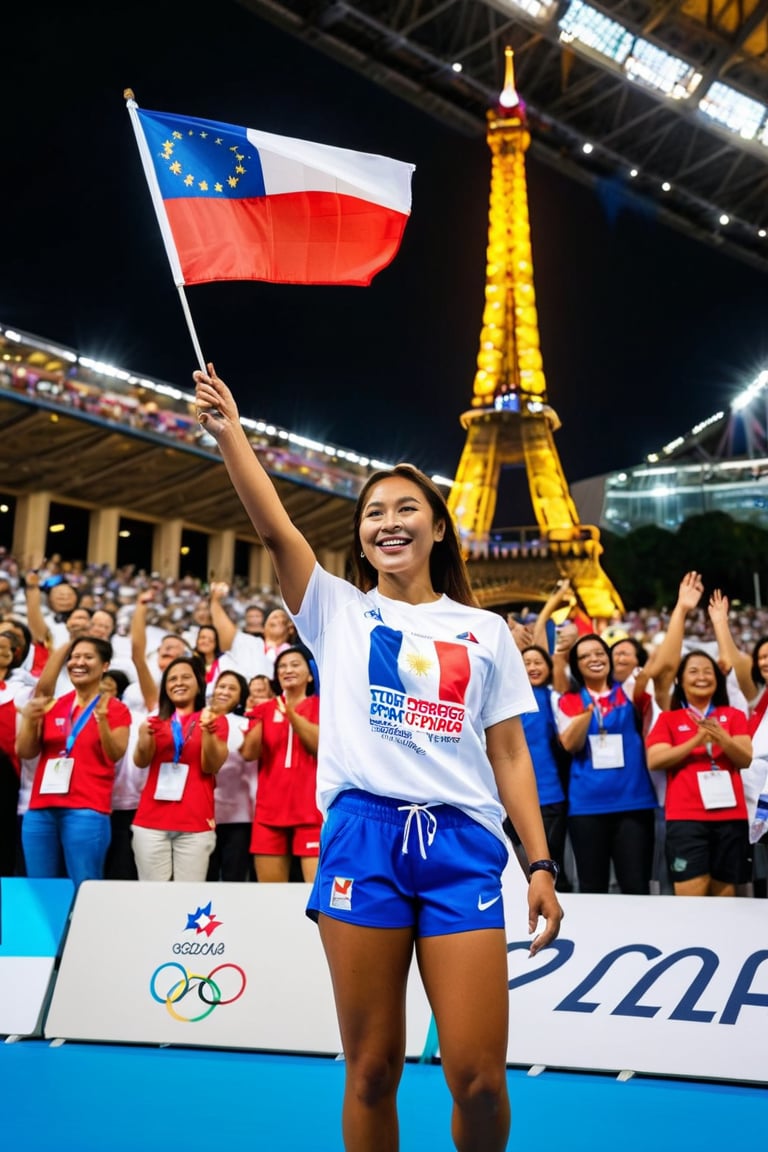 A triumphant Filipina athlete stands out amidst a sea of athletes in the Olympic stadium's packed seating area, her radiant smile beaming confidence as she holds the Philippine flag aloft. Wearing a white t-shirt and blue and red sport shorts, she shines against the vibrant atmosphere. The "PARIS 2024" text and Philippine flag emblem on her shirt add a pop of color. Her dynamic pose exudes energy, with the iconic Paris Eiffel Tower rising majestically in the background, bathed in warm sunlight.,Sopra