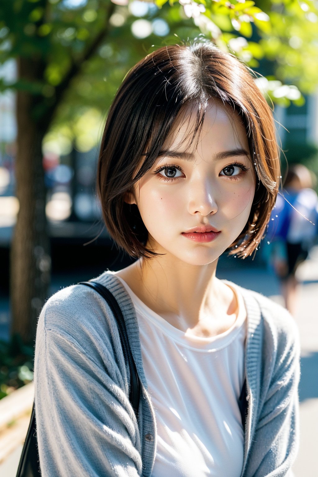 Clear and expressive eyes, lively beautiful female college student, attractive short hair, innocent girl, body facing front, bright spring outfit, full of sunshine, ((A gaze that is not looking at the camera)), 