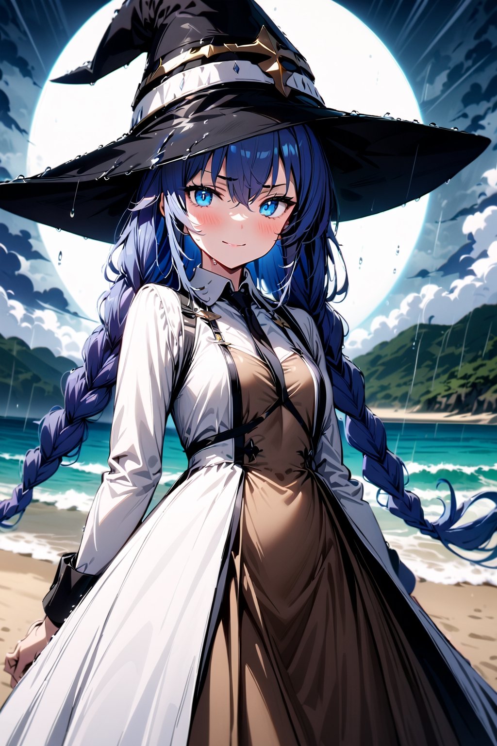 ((slightly above shot)), ((full body), Highly detailed, high quality, masterpiece, beatiful, intricate details, cinematic lighting , expressive eyes, perfect face, medium blush, face looking at viewer, RoxyMigurdia,1girl, smirk, blue hair, twin braids, long hair, bangs, blue eyes, RoxyDress, white dress, witch black hat, brown dress, black necktie, long sleeves, staff, white staff,  detailed background, rain, ((Beautiful Beach)), ((fullmoon)), (night)