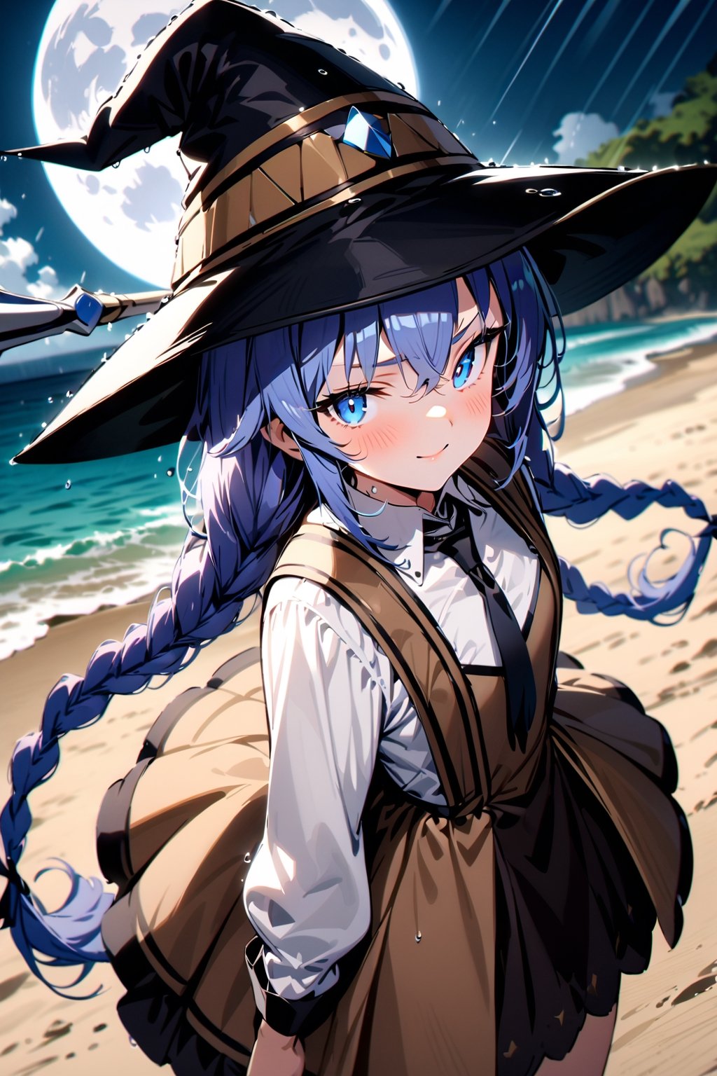 ((slightly above shot)), ((full body), Highly detailed, high quality, masterpiece, beatiful, intricate details, cinematic lighting , expressive eyes, perfect face, medium blush, face looking at viewer, RoxyMigurdia,1girl, smirk, blue hair, twin braids, long hair, bangs, blue eyes, RoxyDress, white dress, witch black hat, brown dress, black necktie, long sleeves, staff, holding staff, detailed background, rain, ((Beautiful Beach)), ((fullmoon)), (night)