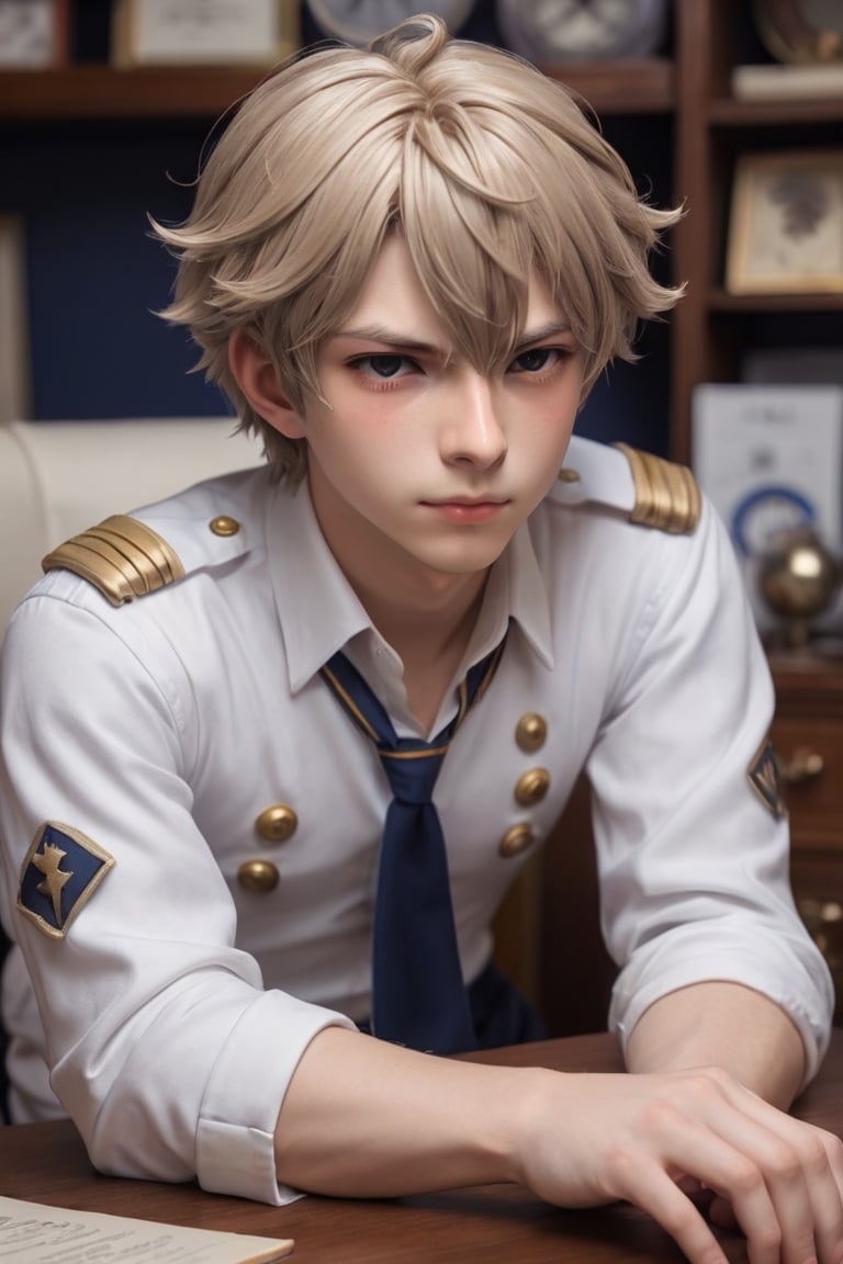 close-up portrait. Intricately detailed, (style of Fate), ((style of Azur Lane)), 1boy, Porcelain Man hair, short curly hair, Porcelain eyes, rolling eyes, sleeping, vintage office, upper body, Porcelain fuzzy uniform 