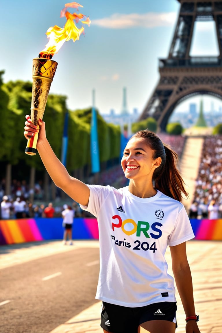 Mid shot of girl's subtle smile radiates confidence as she holds the Olympic torch aloft, her white t-shirt and black sport shorts a sleek contrast to the vibrant atmosphere. Text "PARIS 2024" written on her shirt serves as a declaration of pride. Her pose, captured in mid-stretch, exudes a sense of dynamic energy. The high-resolution image is rendered in exquisite HDR detail, with every subtle texture and nuance brought to life in a masterpiece of digital art.