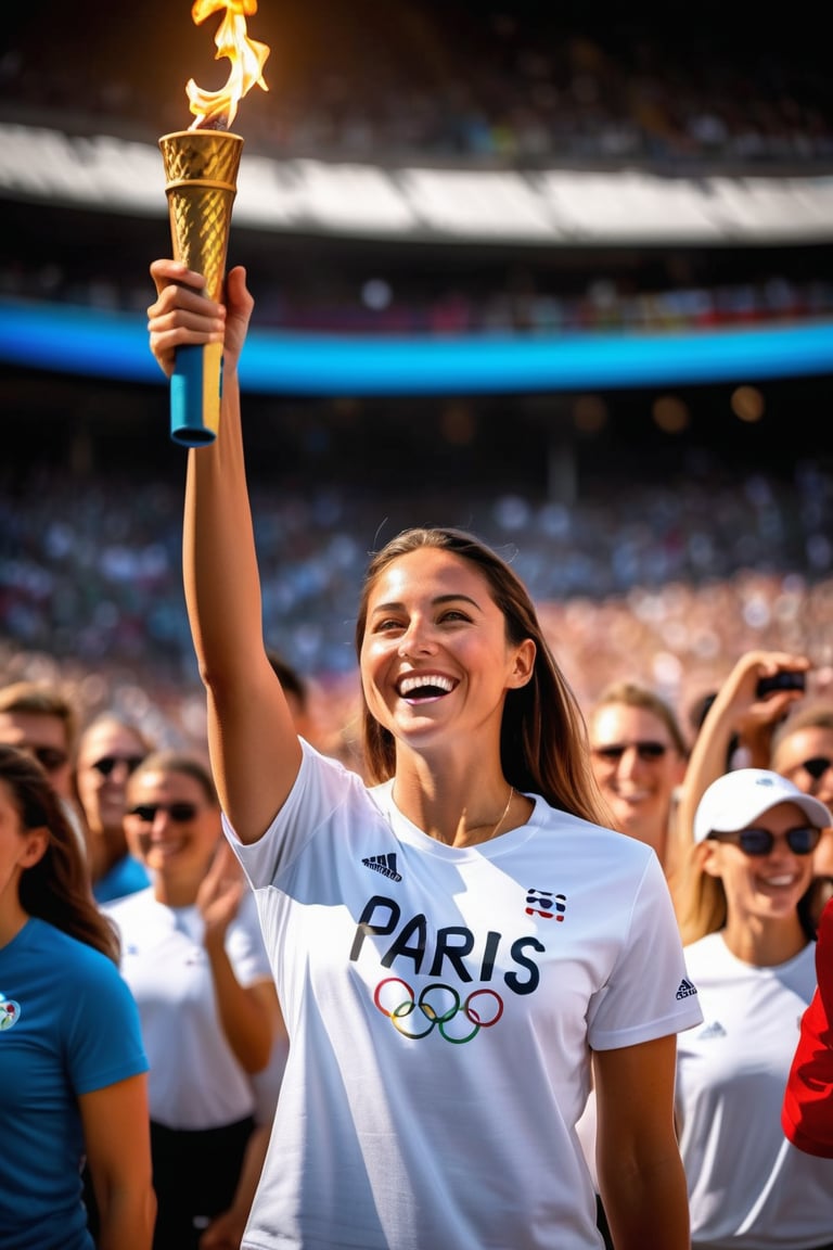 A triumphant figure stands amidst a sea of expectant faces in a packed sports stadium. The girl's subtle smile radiates confidence as she holds the Olympic torch aloft, her white t-shirt and black sport shorts a sleek contrast to the vibrant atmosphere. Text "PARIS 2024" written on her shirt serves as a declaration of pride. Her pose, captured in mid-stretch, exudes a sense of dynamic energy. The high-resolution image is rendered in exquisite HDR detail, with every subtle texture and nuance brought to life in a masterpiece of digital art.