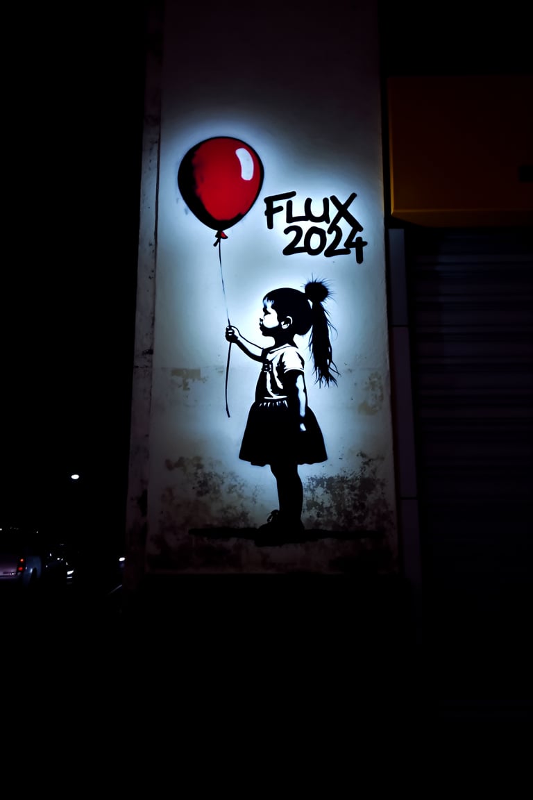 Photo of a wall in the city. On the wall we see detailed glowing graffiti with a young Filipina girl with long updo hair holding a red balloon in the style of Banksy, the graffiti text reads "FLUX 2024".